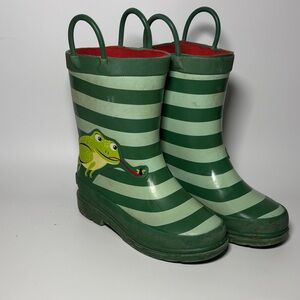 Green Striped Kids Rain Boots with Frog Design